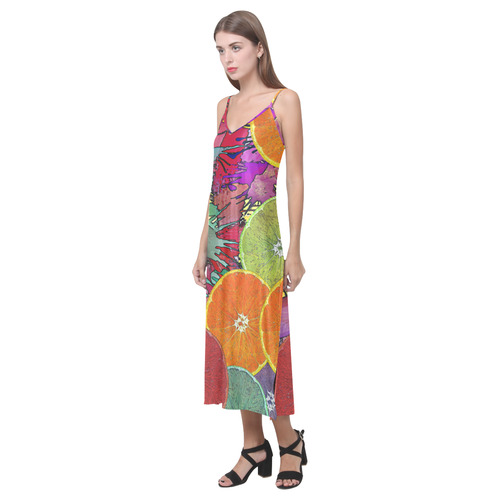 Pop Art Pattern Mix ORANGES SPLASHES multicolored V-Neck Open Fork Long Dress(Model D18)