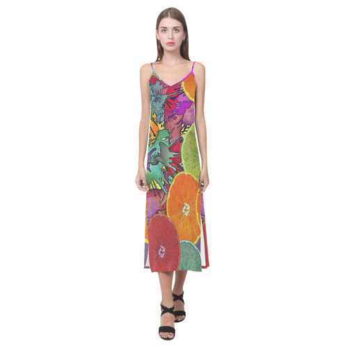 Pop Art Pattern Mix ORANGES SPLASHES multicolored V-Neck Open Fork Long Dress(Model D18)