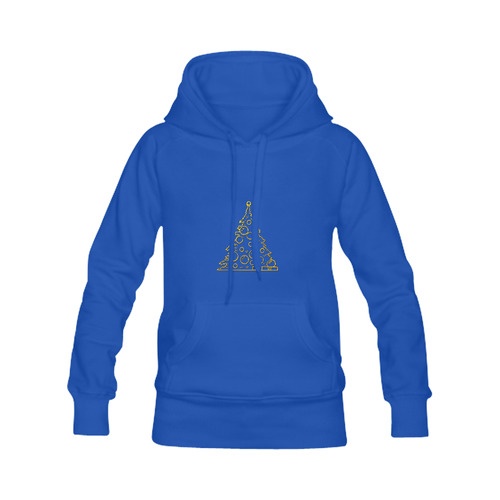 Metallic Golden Christmas Tree & Ornaments on Blue Women's Classic Hoodies (Model H07)