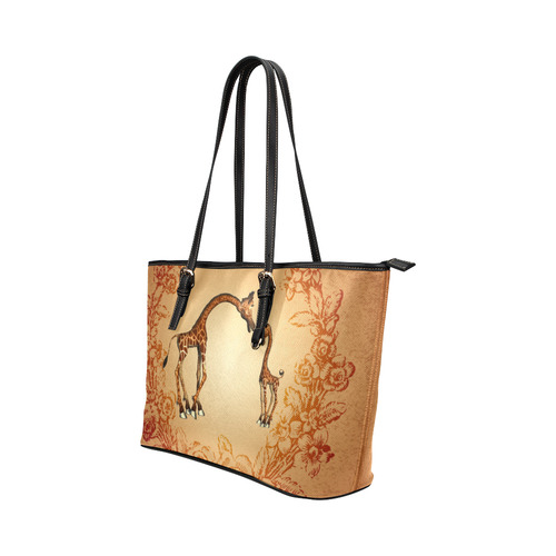 Cute giraffe with young giraffe Leather Tote Bag/Large (Model 1651)