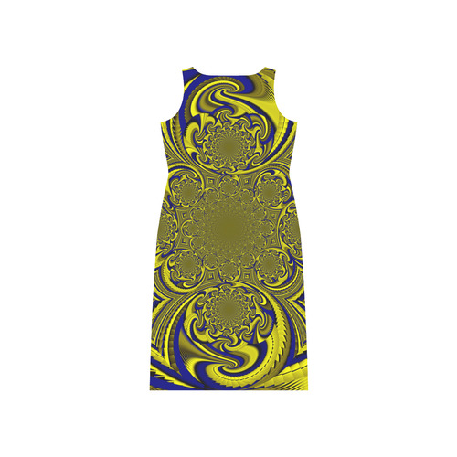 Blue Gold Ornamental Blossom Phaedra Sleeveless Open Fork Long Dress (Model D08)
