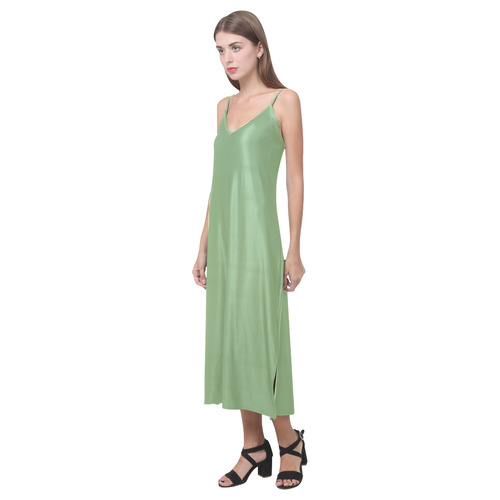 Green Tea V-Neck Open Fork Long Dress(Model D18)