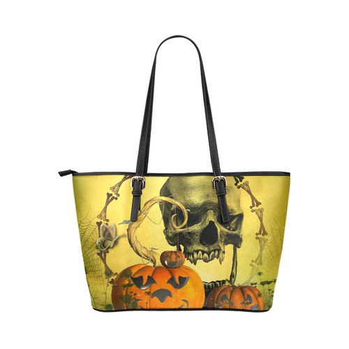 Halloween, funny pumpkins with skull Leather Tote Bag/Large (Model 1651)