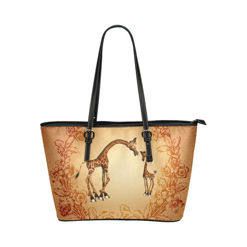 Cute giraffe with young giraffe Leather Tote Bag/Large (Model 1651)