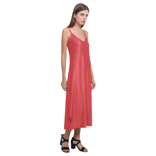 Fiery Red V-Neck Open Fork Long Dress(Model D18)