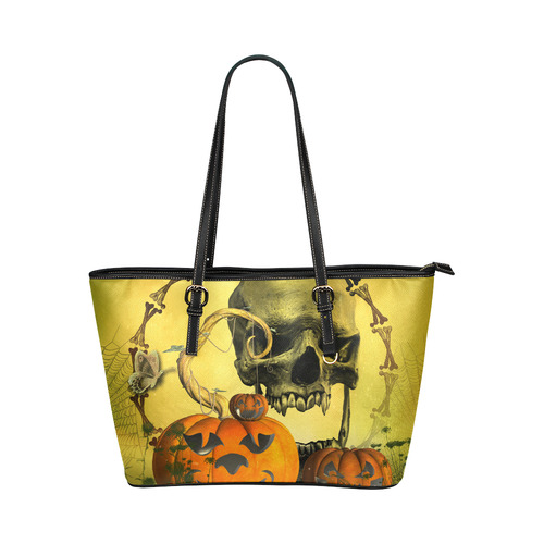 Halloween, funny pumpkins with skull Leather Tote Bag/Large (Model 1651)