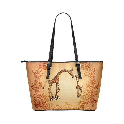 Cute giraffe with young giraffe Leather Tote Bag/Large (Model 1651)