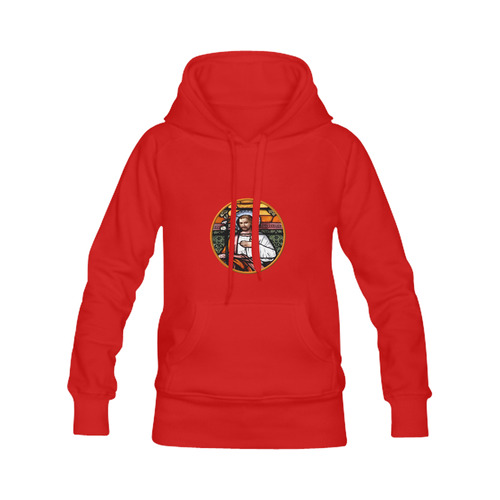 Saint Joseph Stained Glass Window on Red Women's Classic Hoodies (Model H07)