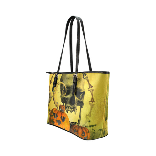 Halloween, funny pumpkins with skull Leather Tote Bag/Large (Model 1651)