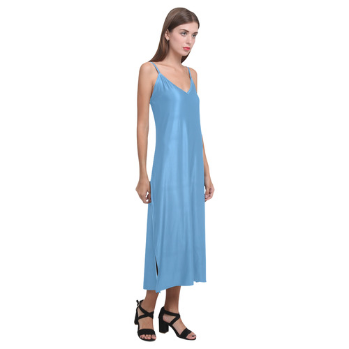 Azure Blue V-Neck Open Fork Long Dress(Model D18)