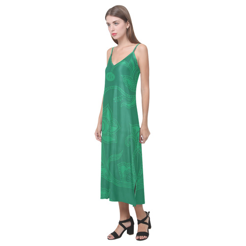 Vintage Floral Green V-Neck Open Fork Long Dress(Model D18)