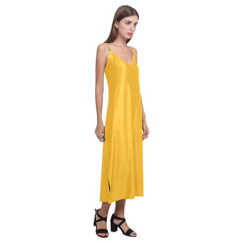 Gold Fusion V-Neck Open Fork Long Dress(Model D18)