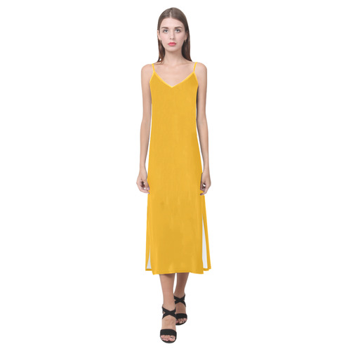 Gold Fusion V-Neck Open Fork Long Dress(Model D18)