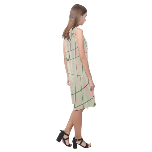 green and pink line art Sleeveless Splicing Shift Dress(Model D17)