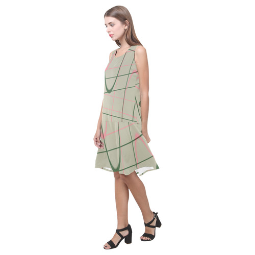 green and pink line art Sleeveless Splicing Shift Dress(Model D17)