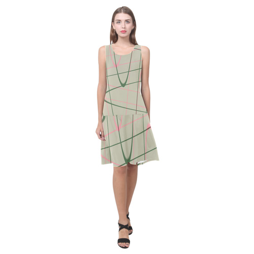 green and pink line art Sleeveless Splicing Shift Dress(Model D17)