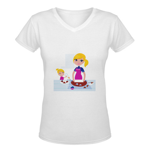 Original vintage illustration of Mom with little Girl in kitchen : Unique hand-drawn T-Shirt edition Women's Deep V-neck T-shirt (Model T19)