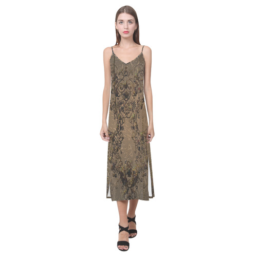 Vinatge design with necklace V-Neck Open Fork Long Dress(Model D18)