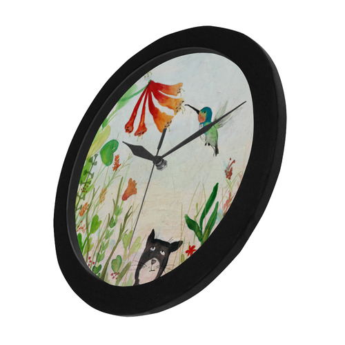 hummingbird cat flower summer floral illustration Circular Plastic Wall clock