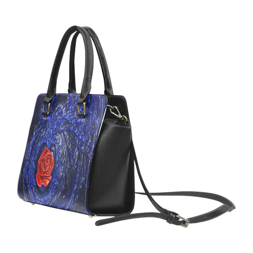 Blue fractal heart with red rose in plastic Rivet Shoulder Handbag (Model 1645)