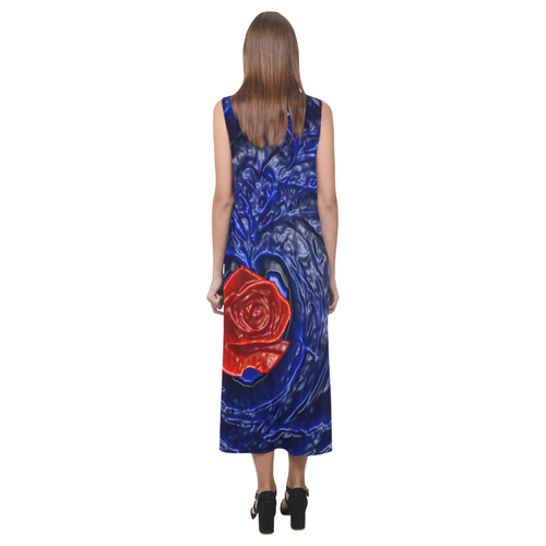 Blue fractal heart with red rose in plastic Phaedra Sleeveless Open Fork Long Dress (Model D08)