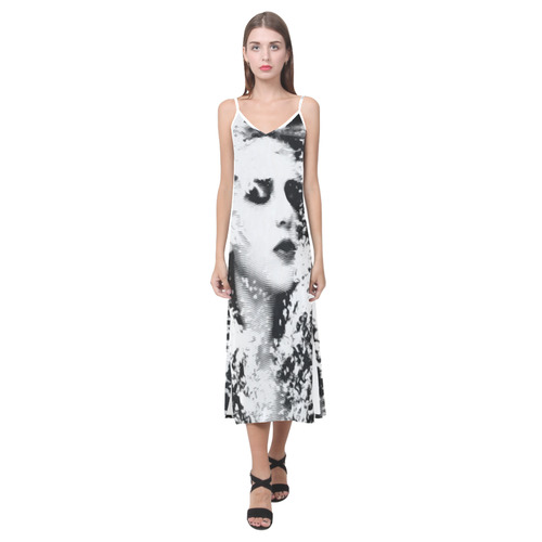 Dreaming Girl - Grunge Style Black White V-Neck Open Fork Long Dress(Model D18)