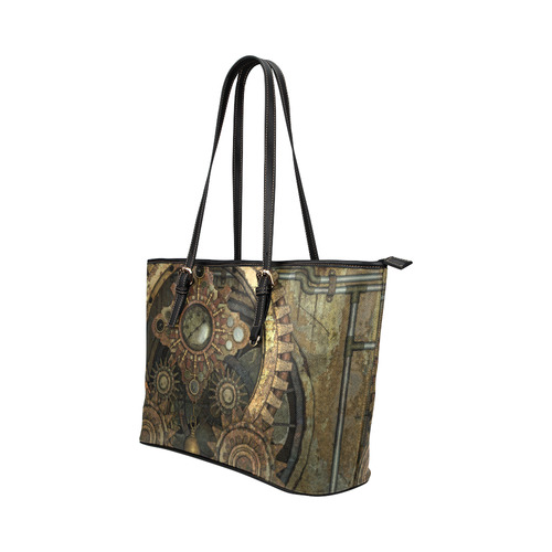 Rusty vintage steampunk metal gears and pipes Leather Tote Bag/Large (Model 1651)