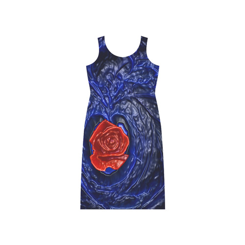 Blue fractal heart with red rose in plastic Phaedra Sleeveless Open Fork Long Dress (Model D08)