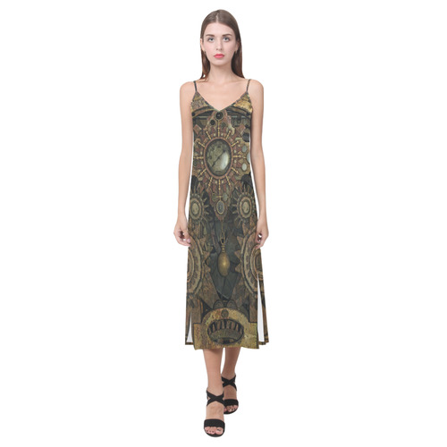 Rusty vintage steampunk metal gears and pipes V-Neck Open Fork Long Dress(Model D18)