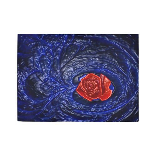 Blue fractal heart with red rose in plastic Area Rug7'x5'
