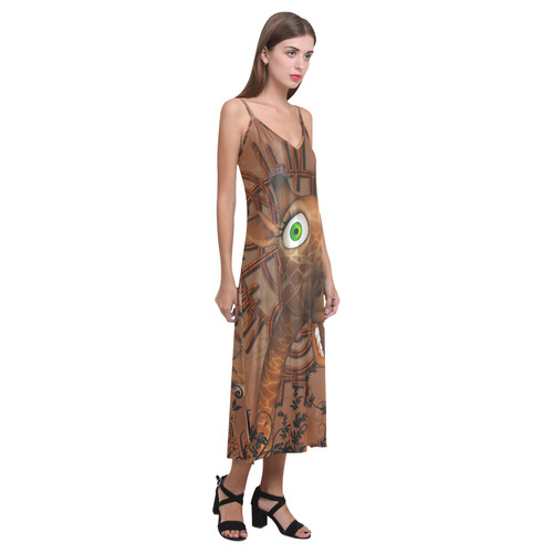 Sweet, happy giraffe V-Neck Open Fork Long Dress(Model D18)