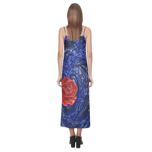 Blue fractal heart with red rose in plastic V-Neck Open Fork Long Dress(Model D18)