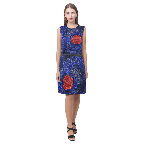 Blue fractal heart with red rose in plastic Eos Women's Sleeveless Dress (Model D01)