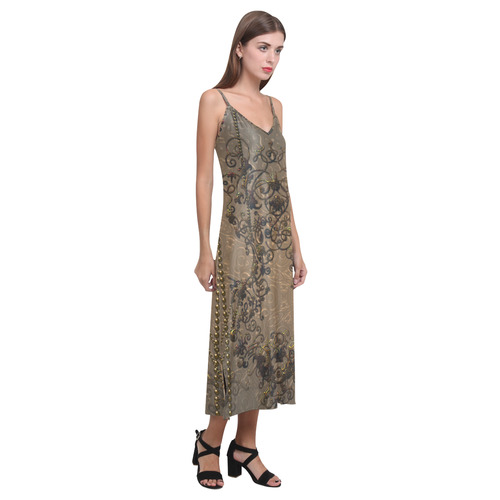 Vinatge design with necklace V-Neck Open Fork Long Dress(Model D18)