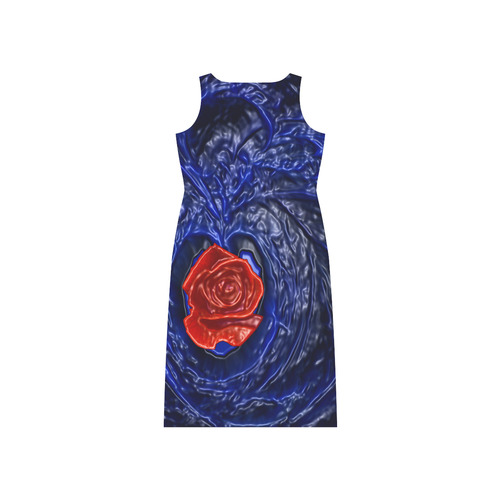Blue fractal heart with red rose in plastic Phaedra Sleeveless Open Fork Long Dress (Model D08)