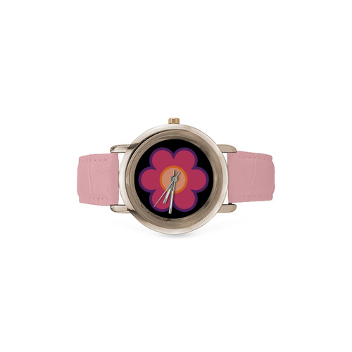 Pink Flower Women's Rose Gold Leather Strap Watch(Model 201)