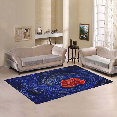 Blue fractal heart with red rose in plastic Area Rug7'x5'