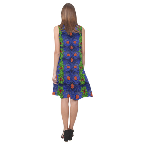 Roses on blue fractal with green leaves Sleeveless Splicing Shift Dress(Model D17)