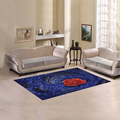 Blue fractal heart with red rose in plastic Area Rug 5'x3'3''