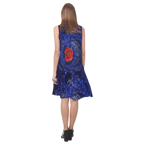 Blue fractal heart with red rose in plastic Sleeveless Splicing Shift Dress(Model D17)