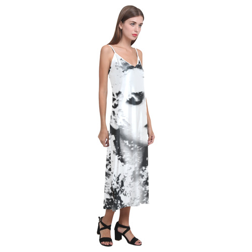 Dreaming Girl - Grunge Style Black White V-Neck Open Fork Long Dress(Model D18)