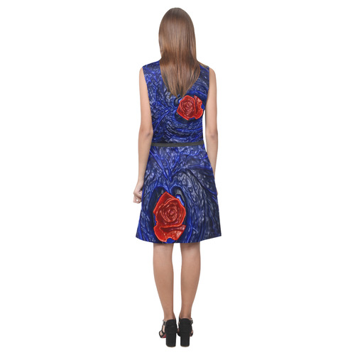 Blue fractal heart with red rose in plastic Eos Women's Sleeveless Dress (Model D01)