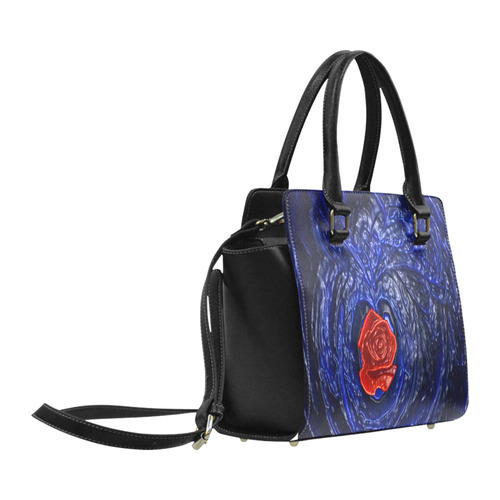 Blue fractal heart with red rose in plastic Classic Shoulder Handbag (Model 1653)
