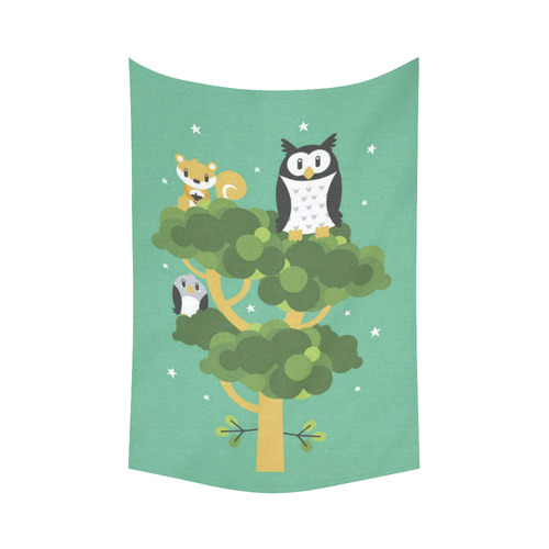Beautiful Owl Squirrel Bird Tree Forest Animals Cotton Linen Wall Tapestry 60"x 90"