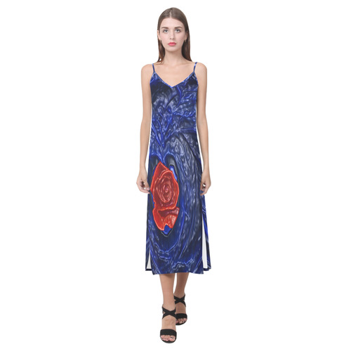 Blue fractal heart with red rose in plastic V-Neck Open Fork Long Dress(Model D18)