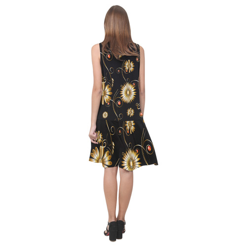 Flowers in golden colors Sleeveless Splicing Shift Dress(Model D17)