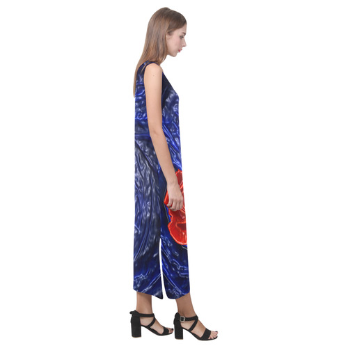 Blue fractal heart with red rose in plastic Phaedra Sleeveless Open Fork Long Dress (Model D08)