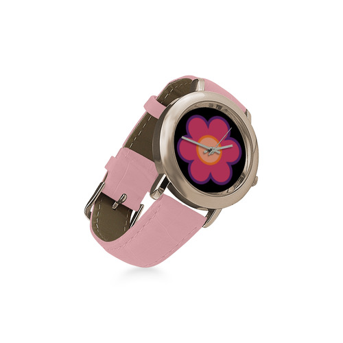 Pink Flower Women's Rose Gold Leather Strap Watch(Model 201)