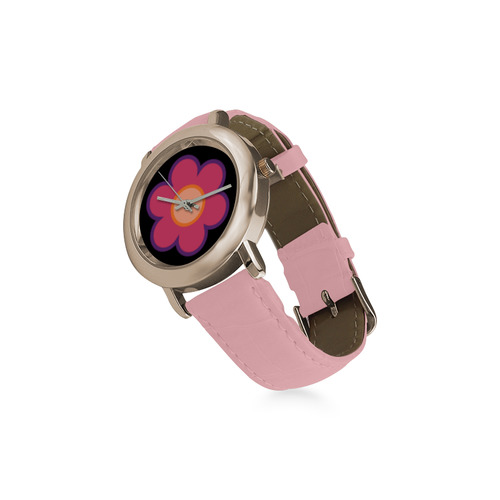 Pink Flower Women's Rose Gold Leather Strap Watch(Model 201)