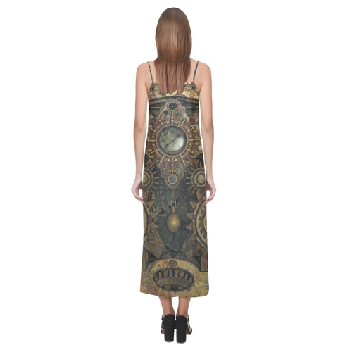 Rusty vintage steampunk metal gears and pipes V-Neck Open Fork Long Dress(Model D18)
